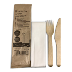 Wooden cutlery set with napkin - coated, 165 mm
